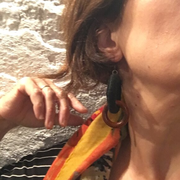 Handmade Oval Black Acrylic Wrapped Chunky Wood Dangle Chain Earrings - Picture 9 of 13